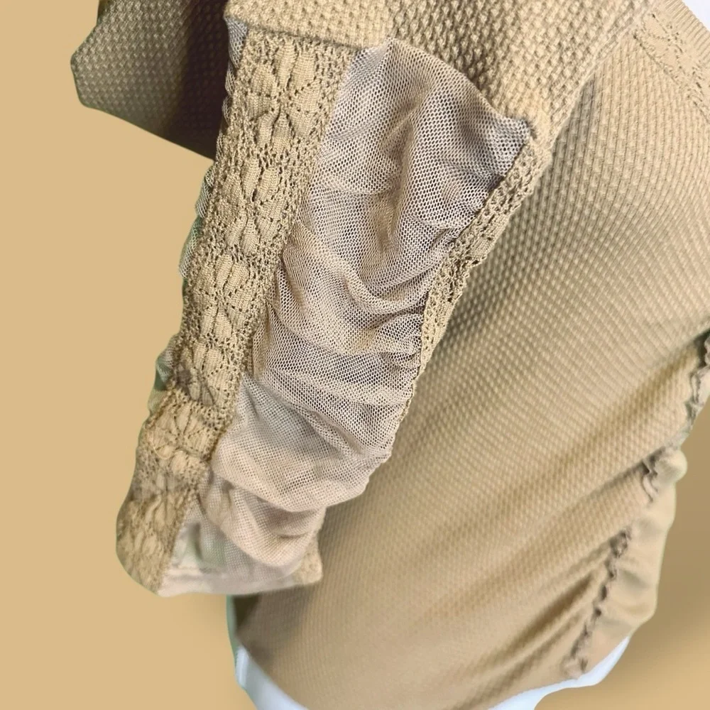 NWOT Free People ‘Wear Me Out’ Thermal Mesh Lace Cuff Sleeve Top in “Olive Leaf”